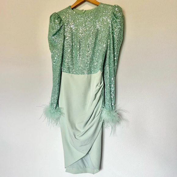 Lavish Alice Sequin Feather Embellished Midi Dress Sage Green - Picture 9 of 9